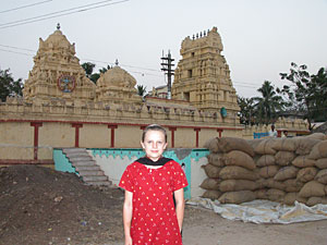 Freya in front of the Shiva Temple in Kuchipudi where all the dance dramas are performed