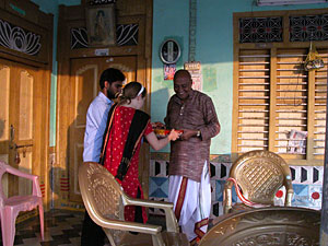 Freya & Sandeep offering gifts to Padmasri Vedantam Satyanarayana Sharma